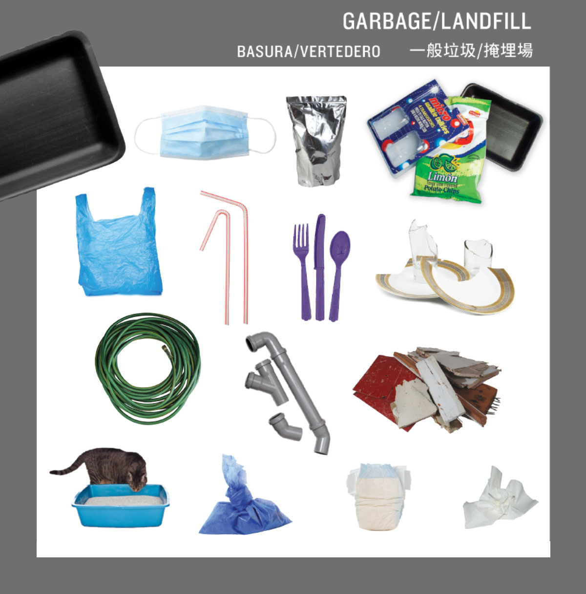 Images of acceptable garbage items: Plastic bags, cutlery, straws, hoses, pet waste, wrappers, broken plates, napkins etc.